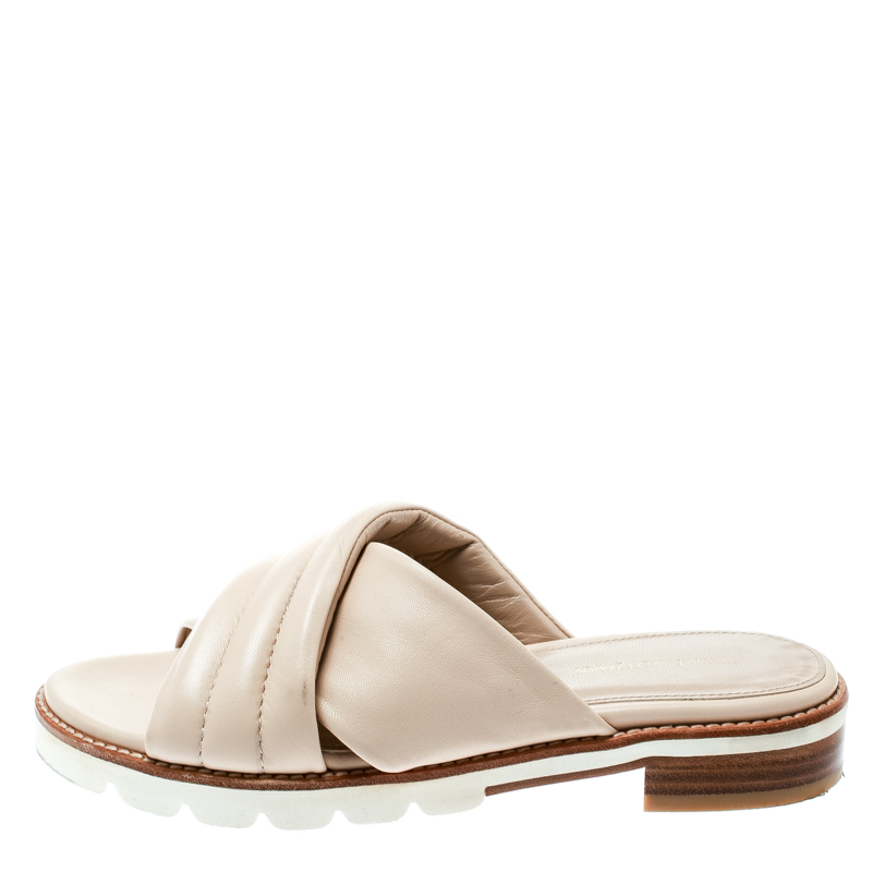 

Stuart Weitzman Beige Leather Crisscross Slide Sandals Size