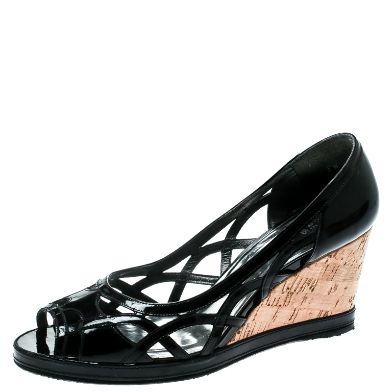 Pre Owned Stuart Weitzman Black Patent Leather Cutout Wedges Pumps Size 38.5