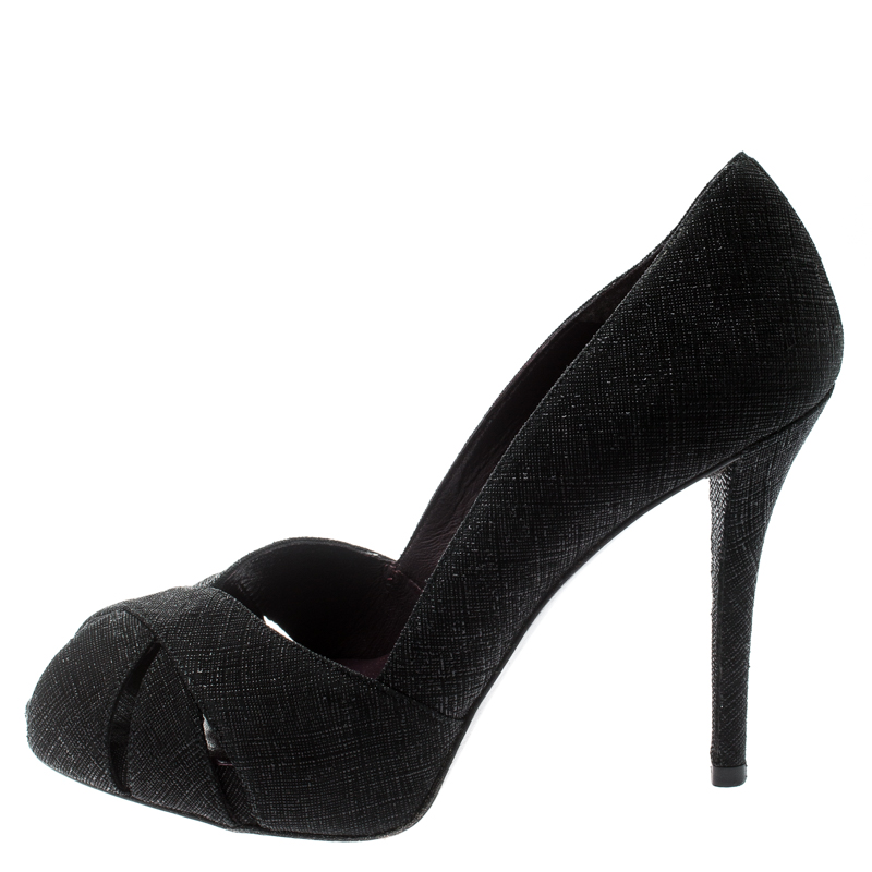 Pre-owned Stuart Weitzman Black Textured Fabric Criss Cross Open Toe Platform Pumps Size 39