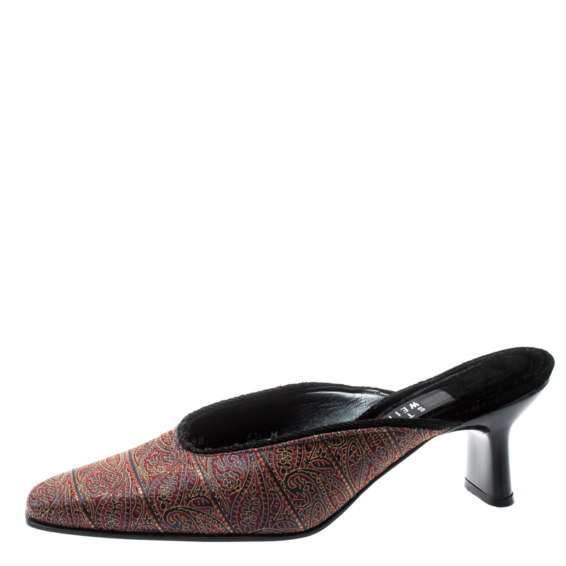 

Stuart Weitzman Multicolor Brocade Fabric Mules Size