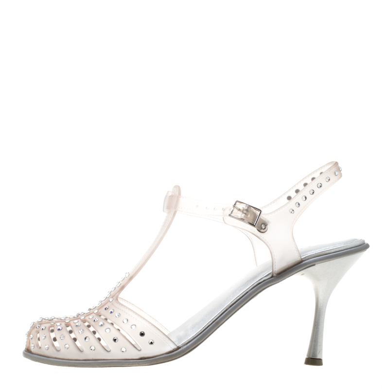 

Stuart Weitzman Crystal Embellished Jelly T Strap Sandals Size, Grey