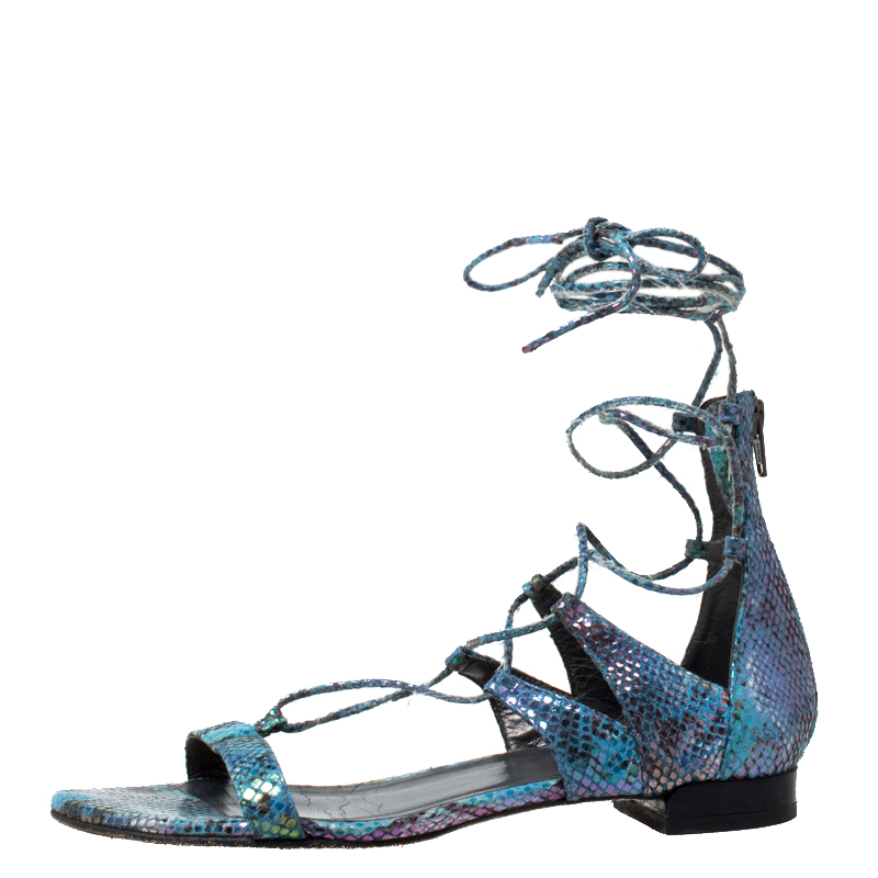 

Stuart Weitzman Metallic Multicolor Python Embossed Suede Tie Up Gladiator Flat Sandals Size