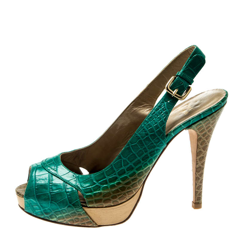 

Stuart Weitzman Green Degradè Croc Embossed Leather Peep Toe Platform Slingback Sandals Size