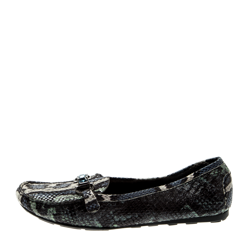 

Stuart Weitzman Multicolor Python Embossed Leather Crystal Embellished Loafers Size
