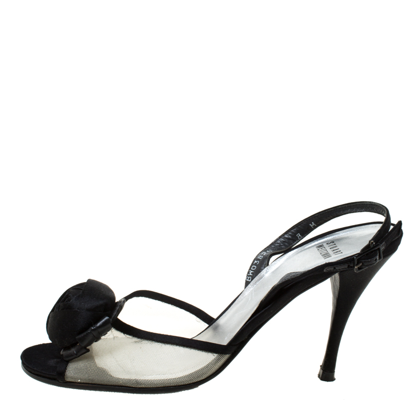 

Stuart Weitzman Satin And Mesh Flower Detail Slingback Sandals Size, Black