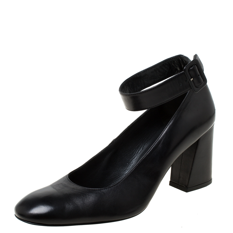 Stuart Weitzman Black Leather Ankle Strap Block Heel Pumps Size 42.5