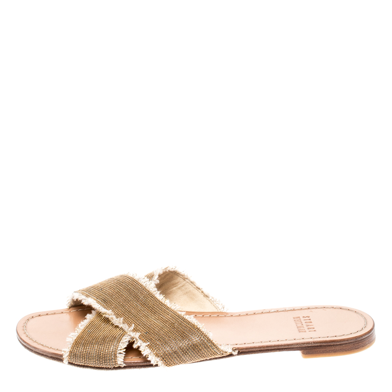 

Stuart Weitzman Gold/Brown Edgeway Frayed Slide Sandals Size