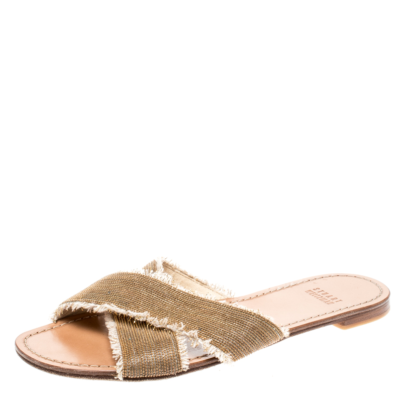 Stuart Weitzman Gold/Brown Edgeway Frayed Slide Sandals Size 38
