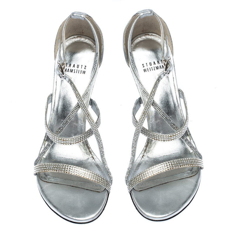 Pre-owned Stuart Weitzman Metallic Silver Crystal Embellished Sandals Size 38