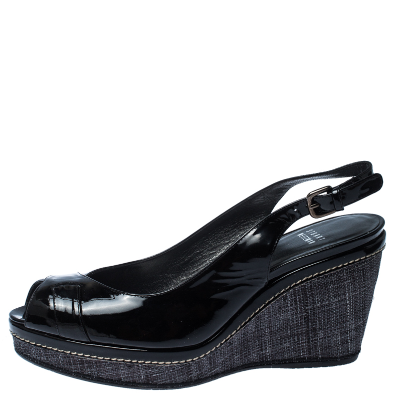 

Stuart Weitzman Black Patent Leather and Raffia Peep Toe Wedge Sandals Size