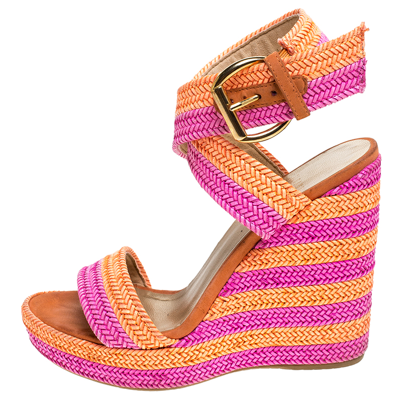 

Stuart Weitzman Pink/Orange Braided Leather Ankle Strap Wedge Platform Sandals Size, Multicolor