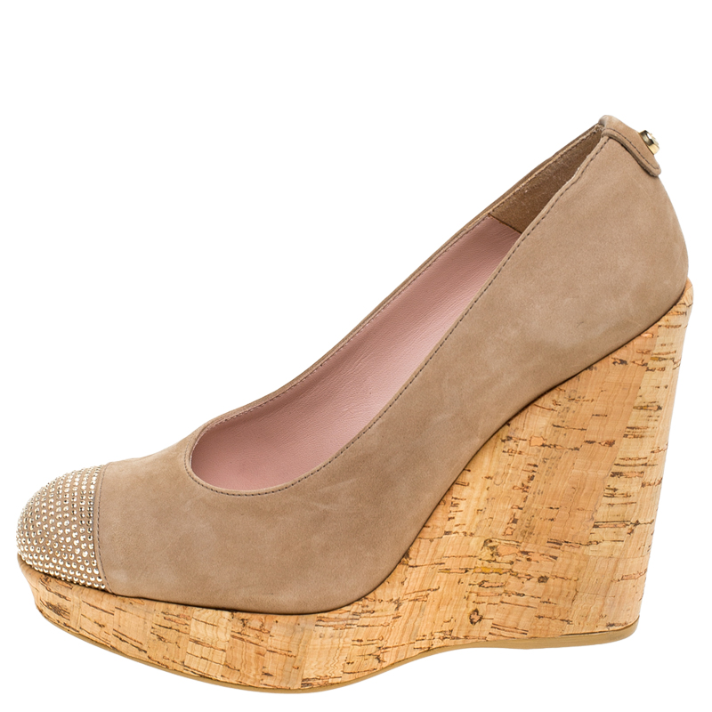 

Stuart Weitzman Nubuck Embellished Cork Wedge Platform Pumps Size, Beige