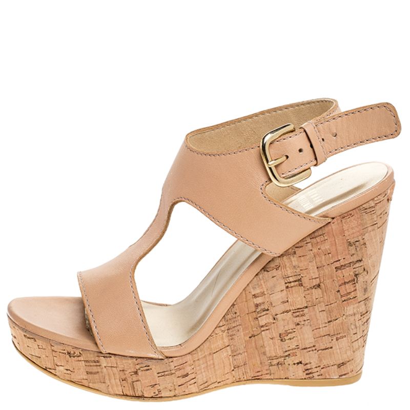 

Stuart Weitzman Beige Leather Open Toe Cork Wedge Slingback Sandals Size
