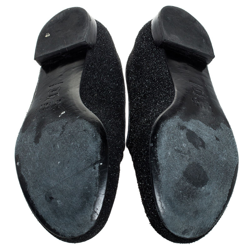Pre-owned Stuart Weitzman Black Glitter Leather Smoking Slippers Size 37.5