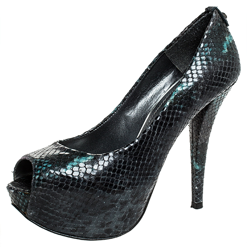 Pre-owned Stuart Weitzman Multicolor Python Embossed Leather Platform Peep Toe Pumps Size 37