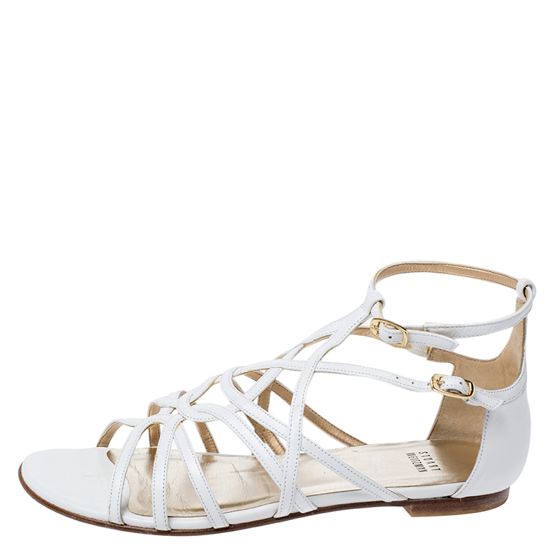 

Stuart Weitzman White Leather Staycool Flat Sandals Size