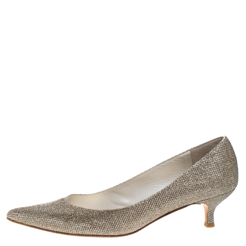 

Stuart Weitzman Metallic Gold Glitter Fabric Pointed Toe Pumps Size