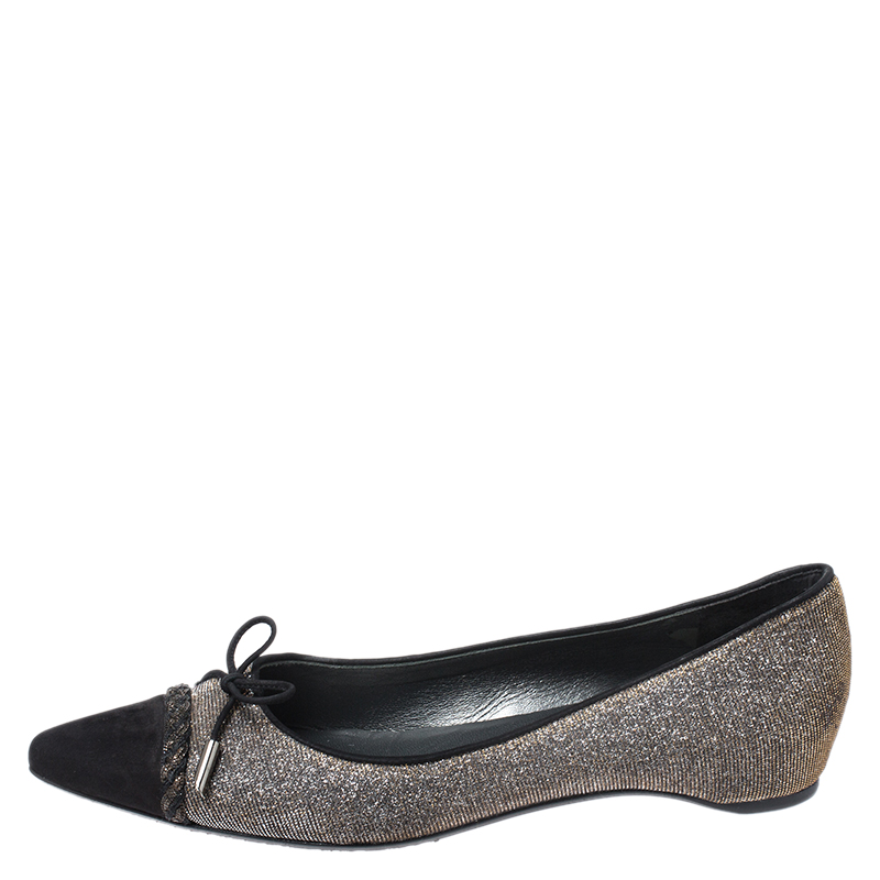 

Stuart Weitzman Glitter Fabric And Black Suede Bow Pointed Cap Toe Ballet Flats Size