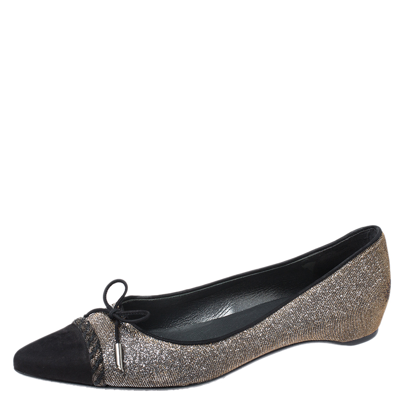 Stuart Weitzman Glitter Fabric And Black Suede Bow Pointed Cap Toe Ballet Flats Size 38.5