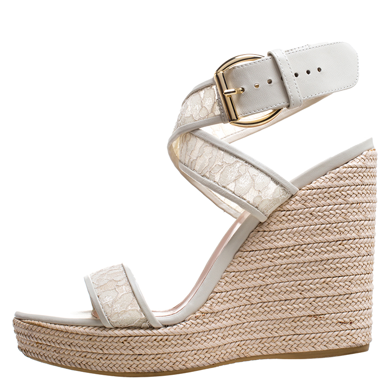 

Stuart Weitzman White Lace Guipure Wedge Espadrille Sandals Size