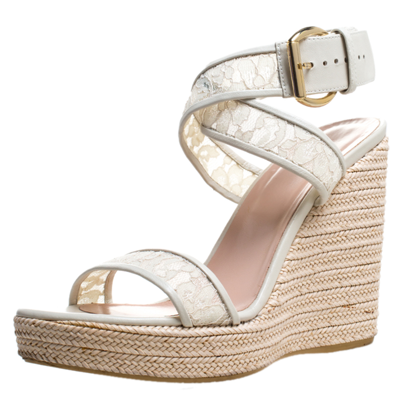Stuart Weitzman White Lace Guipure Wedge Espadrille Sandals Size 38