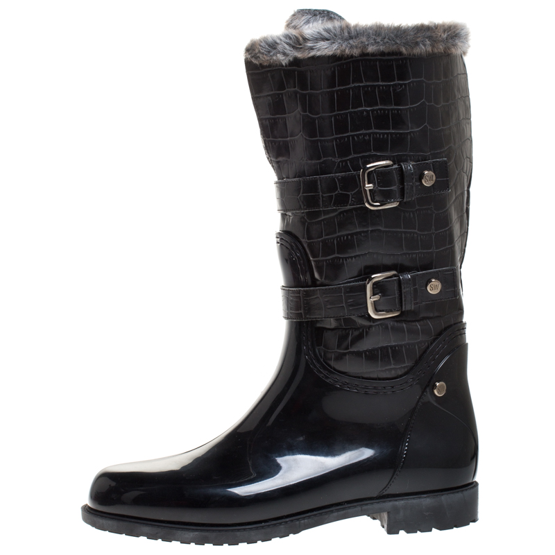 

Stuart Weitzman Black Croc Embossed Faux Leather And Faux Fur Trim Mid Calf Boots Size