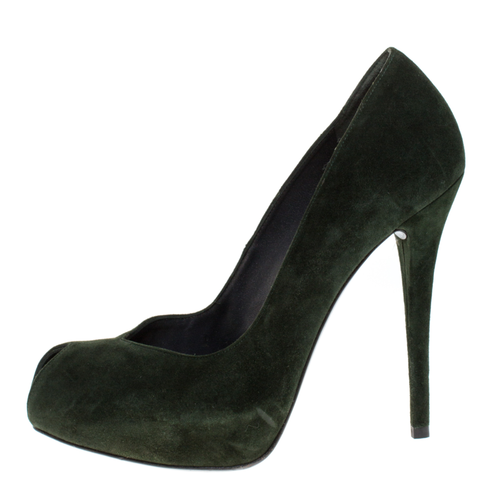

Stuart Weitzman Green Suede Peep Toe Platform Pumps Size