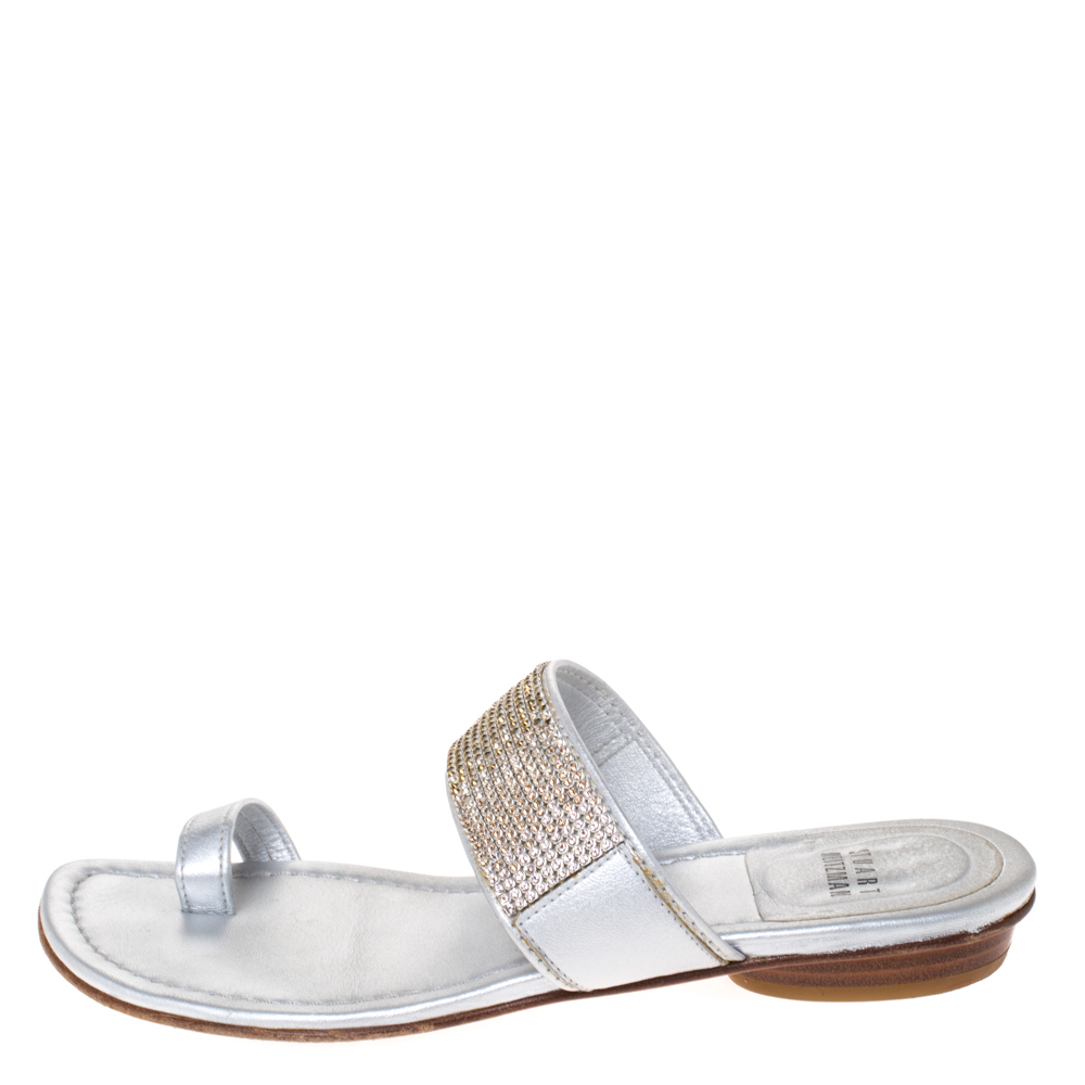 

Stuart Weitzman Silver Leather Crystal Embellished Toe Ring Flats Size