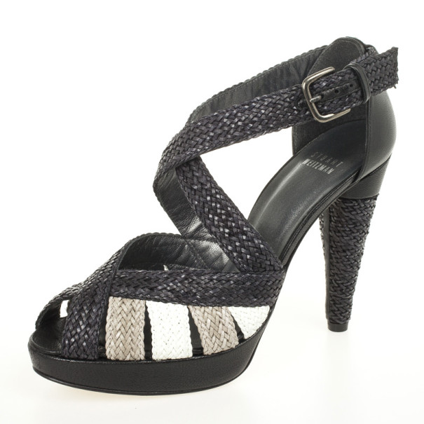 Pre Owned Stuart Weitzman Black Bradford Woven Braided Leather Platform Sandals Size 38.5