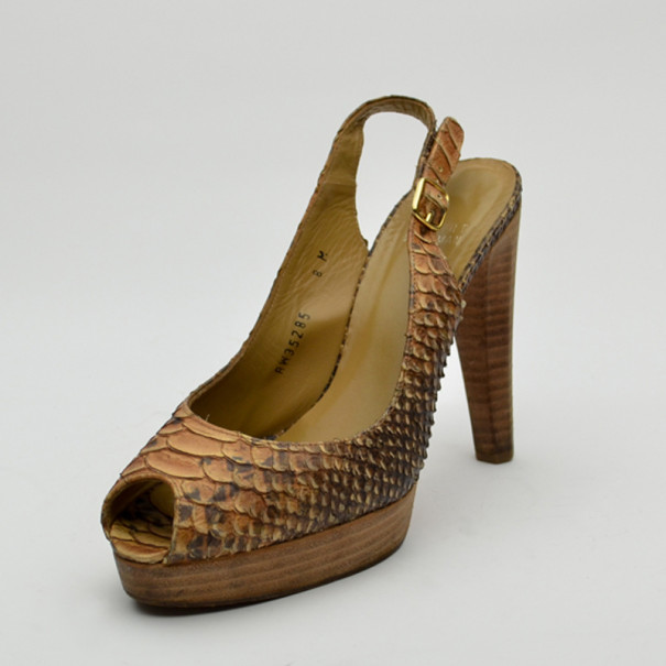 Stuart Weitzman Python Embossed Peep Toe Slingback Sandals Size 39