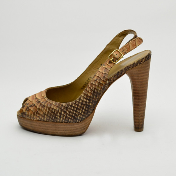 

Stuart Weitzman Python Embossed Peep Toe Slingback Sandals Size, Brown