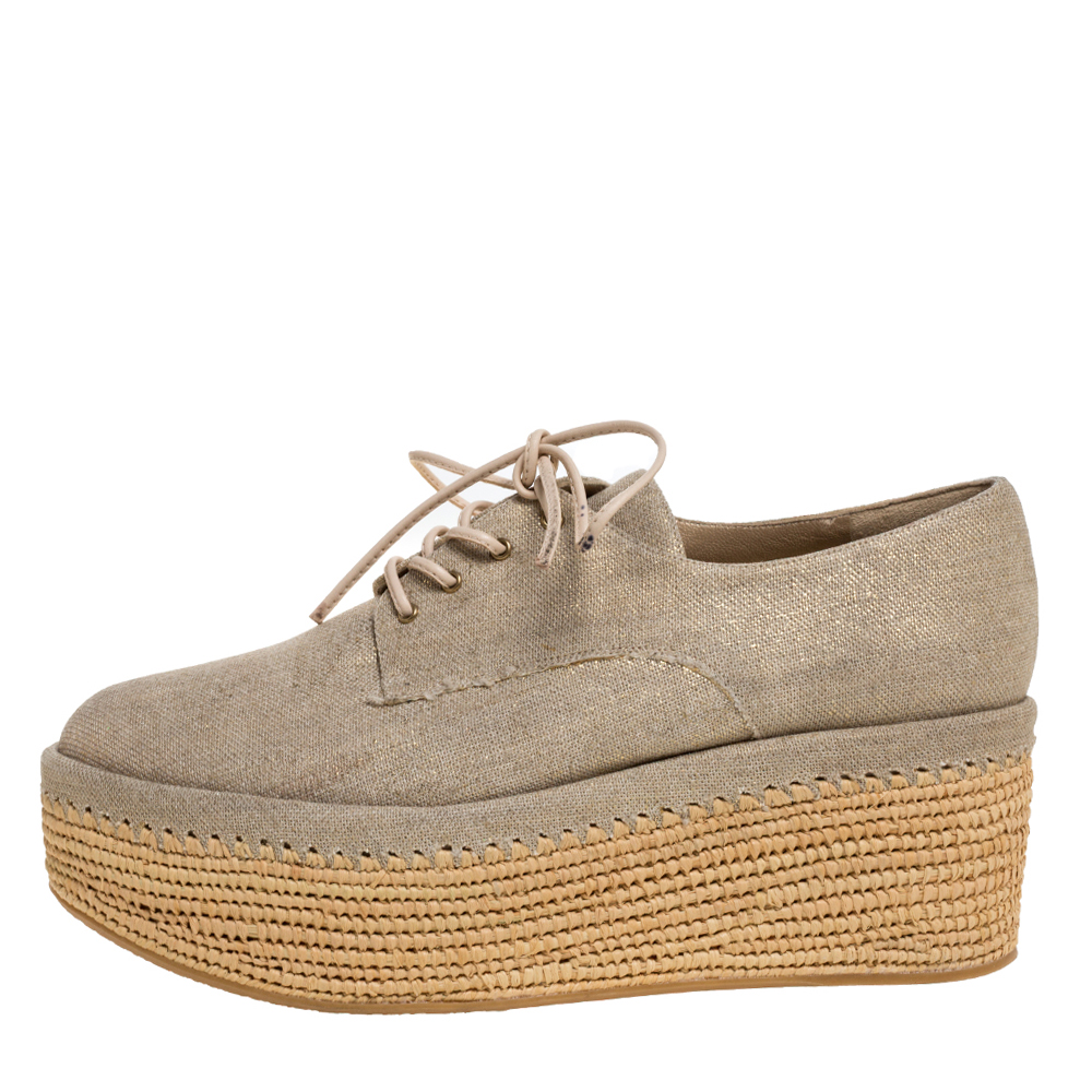 

Stuart Weitzman Beige Canvas Lace Up Flat Platform Oxford Size