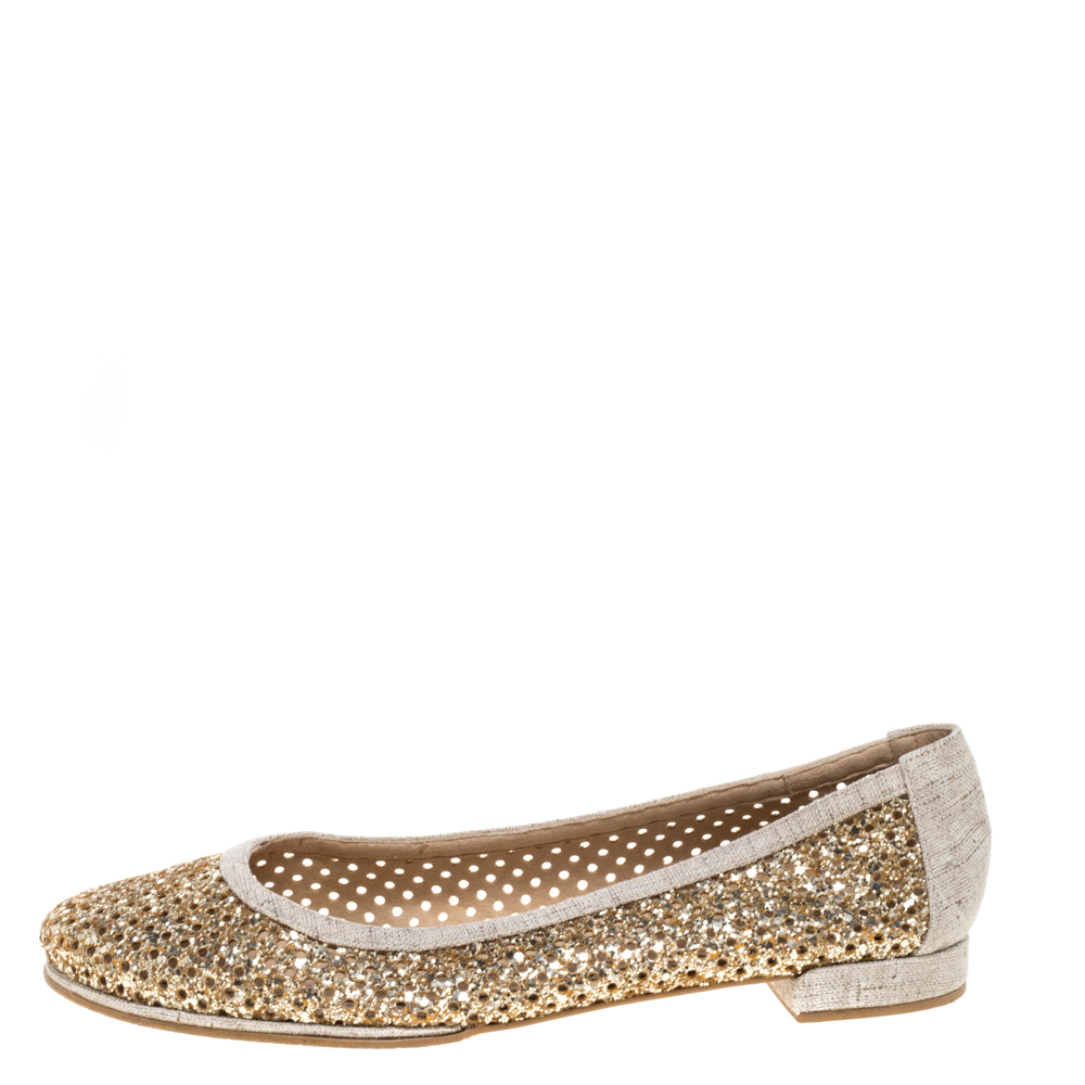 

Stuart Weitzman Metallic Gold Glitter Perforated Leather and Canvas Ballet Flats Size