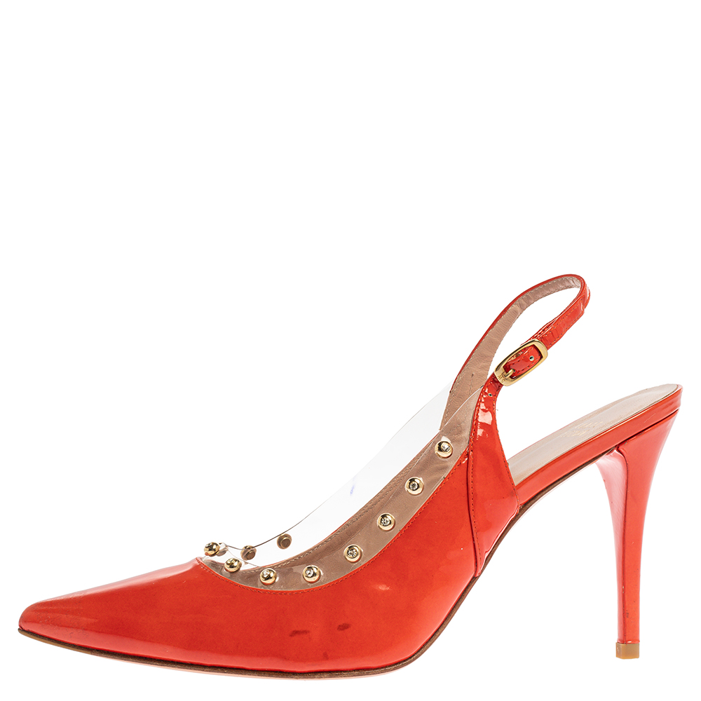 

Stuart Weitzman Orange Patent Leather Moonglow Slingback Pumps Siize