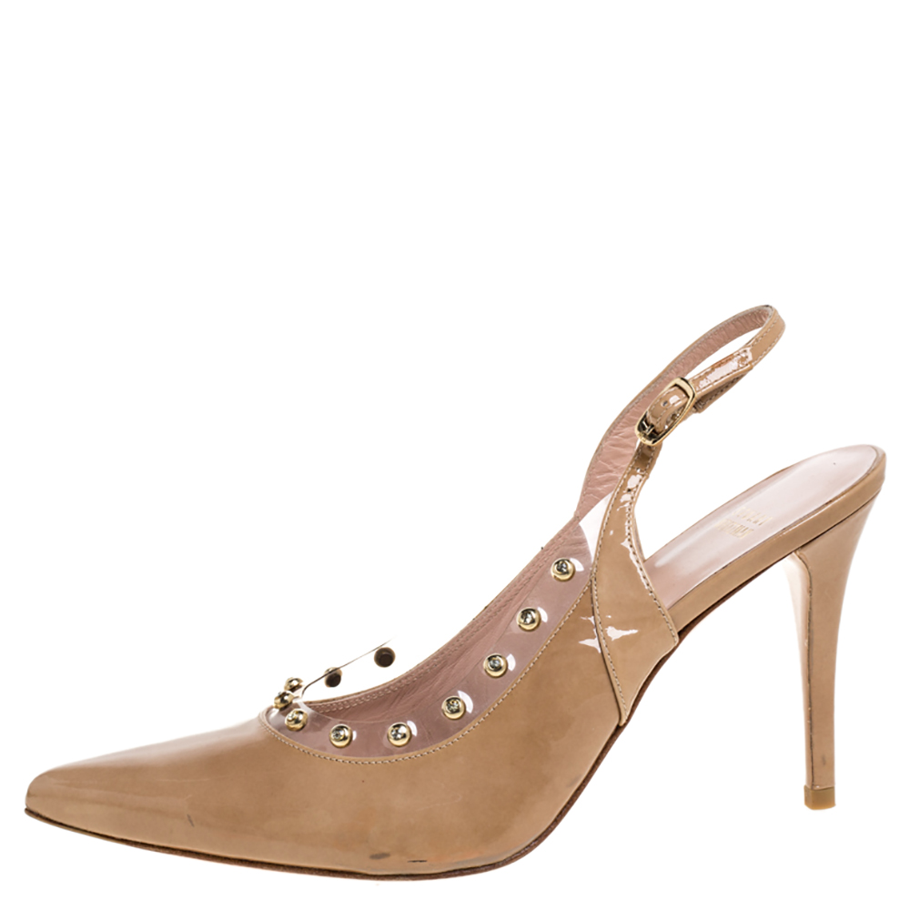 

Stuart Weitzman Beige Patent Leather Moonglow Slingback Pumps Size