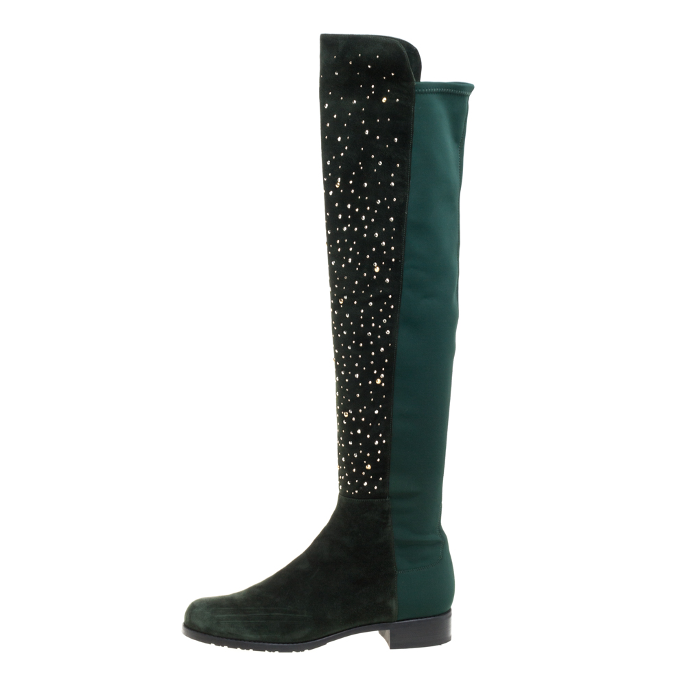 

Stuart Weitzman Green Suede And Fabric Crystal/Stud Embellished High Boots Size