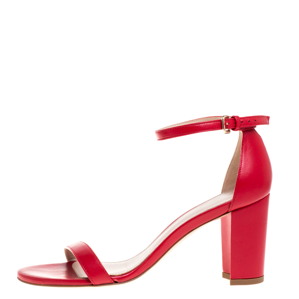 

Stuart Weitzman Red Leather LessNudist Block Heel Ankle Strap Sandals Size