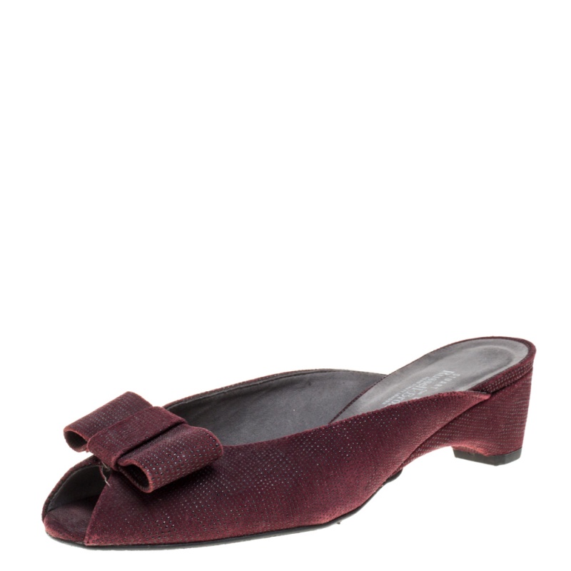 

Stuart Weitzman Burgundy Textured Suede Bow Peep Toe Slide Sandals Size
