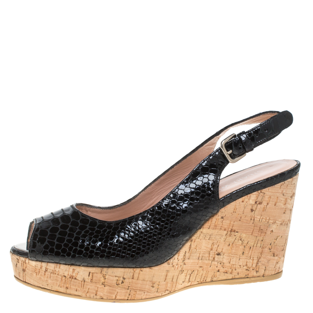 

Stuart Weitzman Black Python Embossed Patent Leather Cork Wedge Slingback Sandals Size