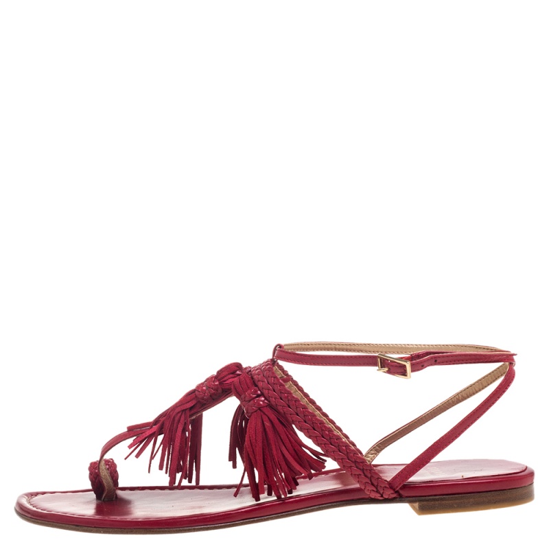 

Stuart Weitzman Red Leather And Suede Tassel Thong Flat Sandals Size