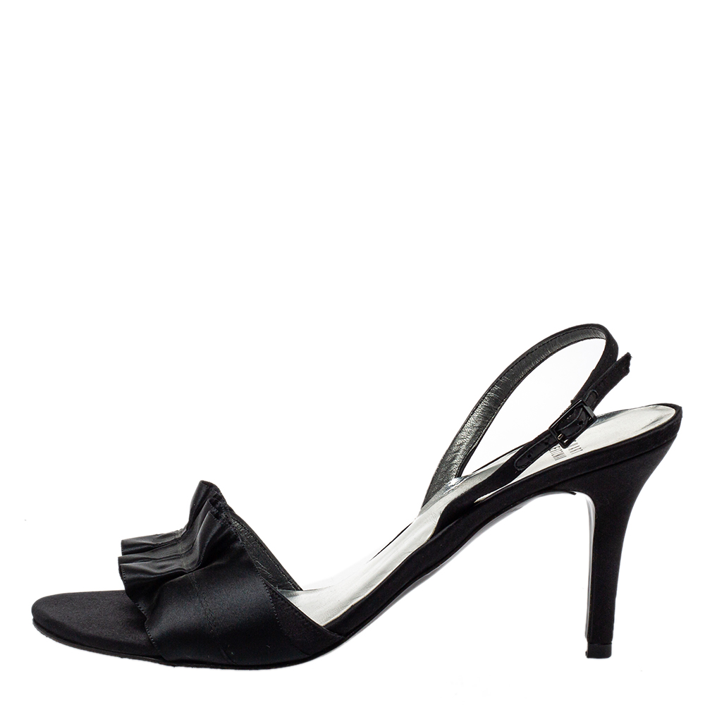 

Stuart Weitzman Black Satin Pleated Open Toe Sandals Size