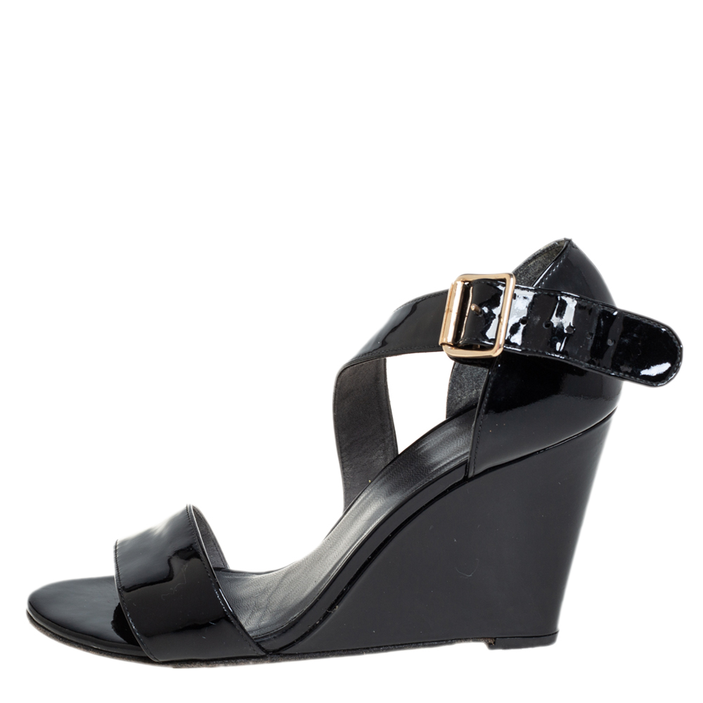 

Stuart Weitzman Black Patent Leather Wedge Sandals Size