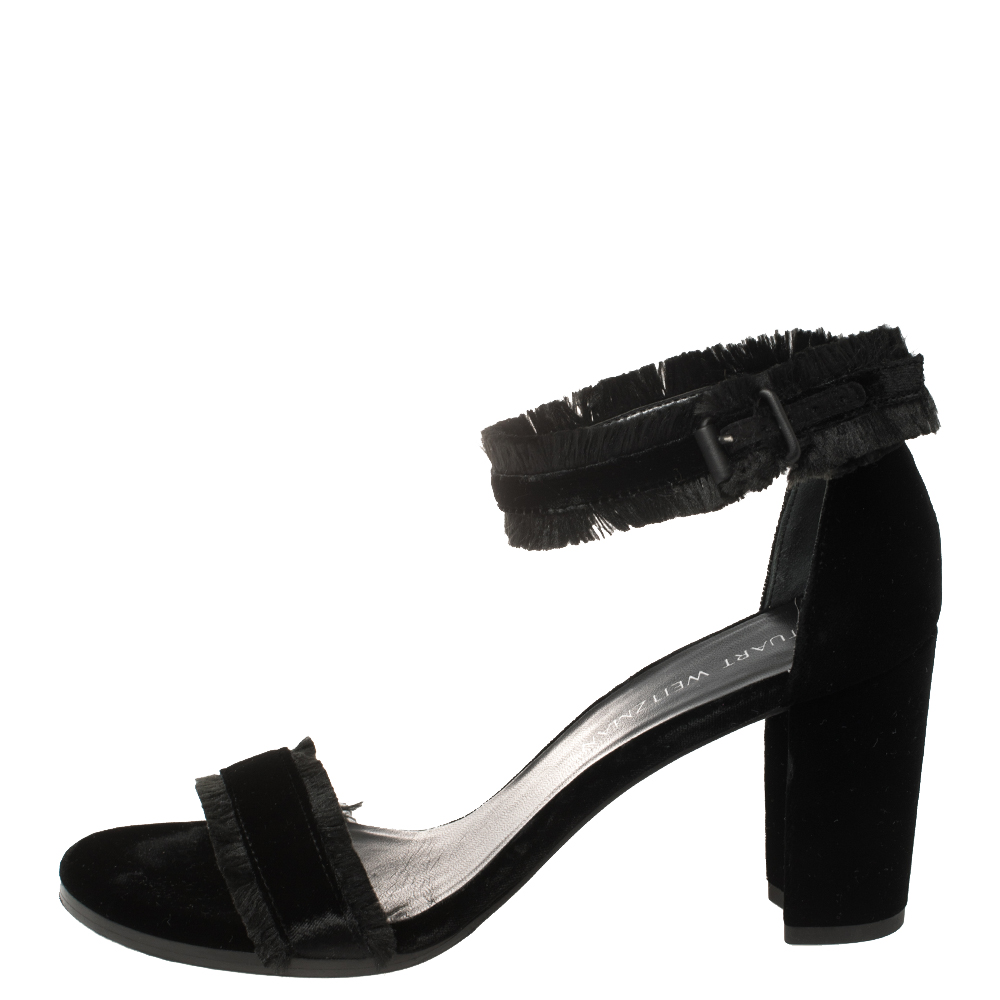 

Stuart Weitzman Black Velvet Frayed Ankle Strap Block Heel Sandals Size