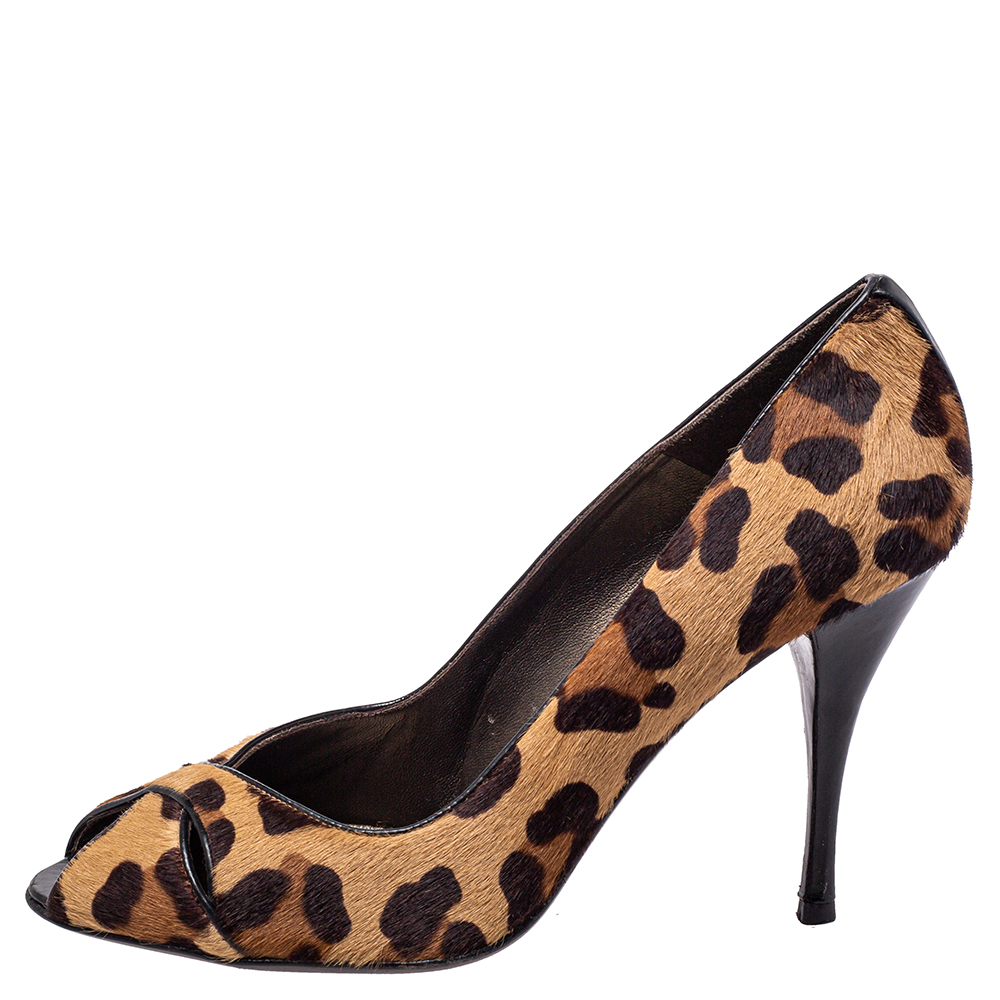 

Stuart Weitzman Beige/Brown Leopard Print Calf Hair Peep Toe Pumps Size