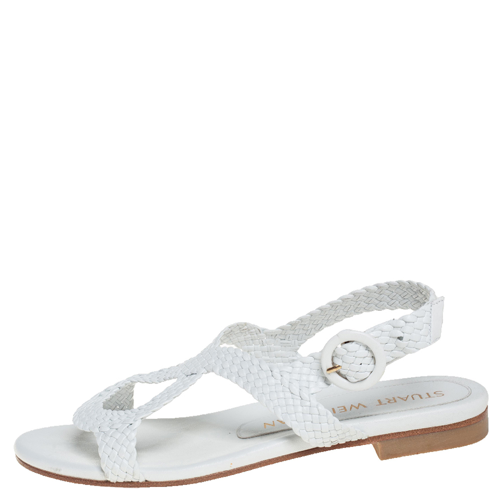 

Stuart Weitzman White Braided Leather Theodora Flat Sandals Size