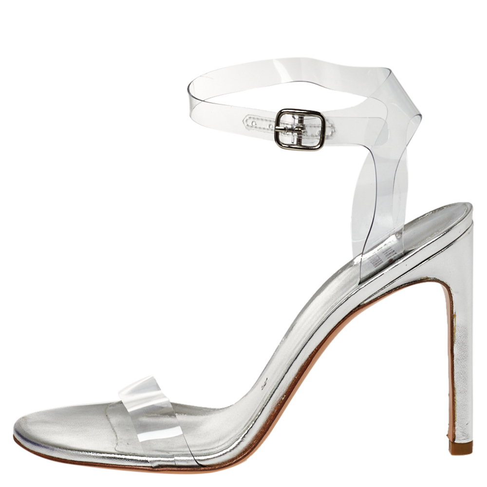 

Stuart Weitzman Silver PVC Ankle Strap Sandals Size