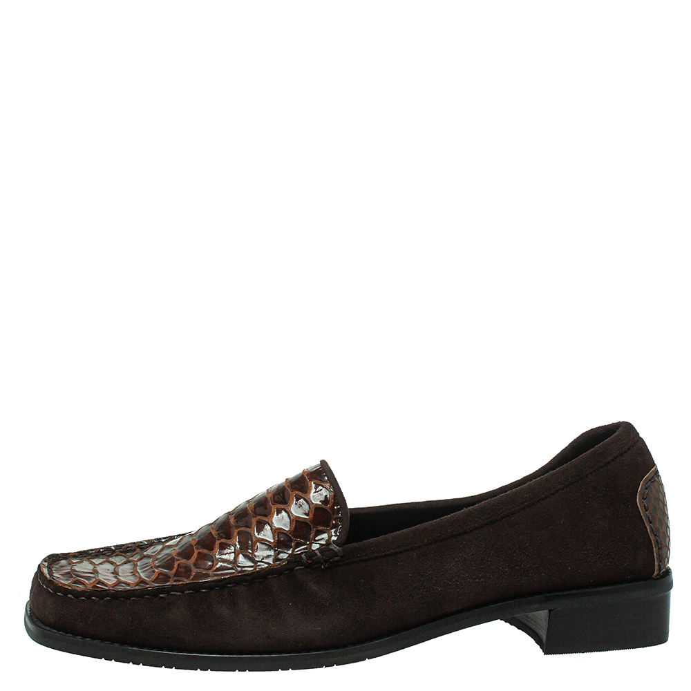 

Stuart Weitzman Brown Suede And Python Embossed Leather Loafers Size
