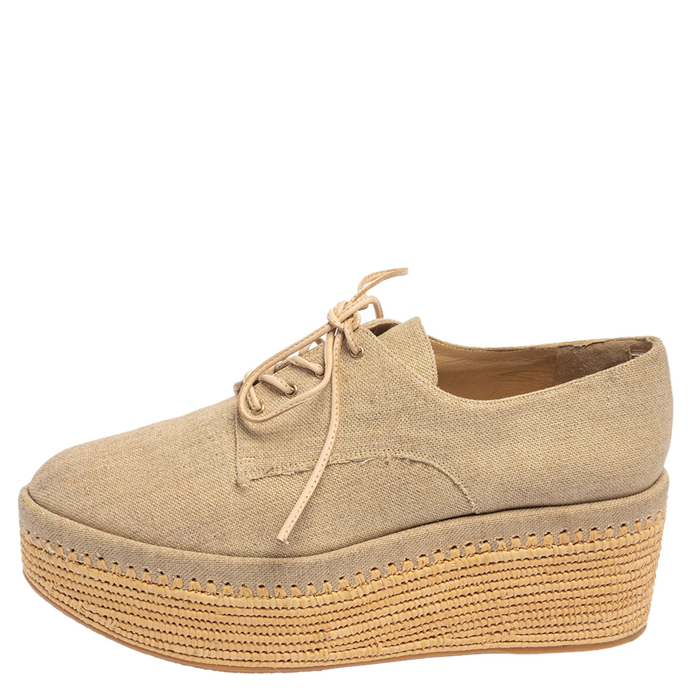 

Stuart Weitzman Beige Canvas Wedge Espadrille Platform Lace Up Derby Size