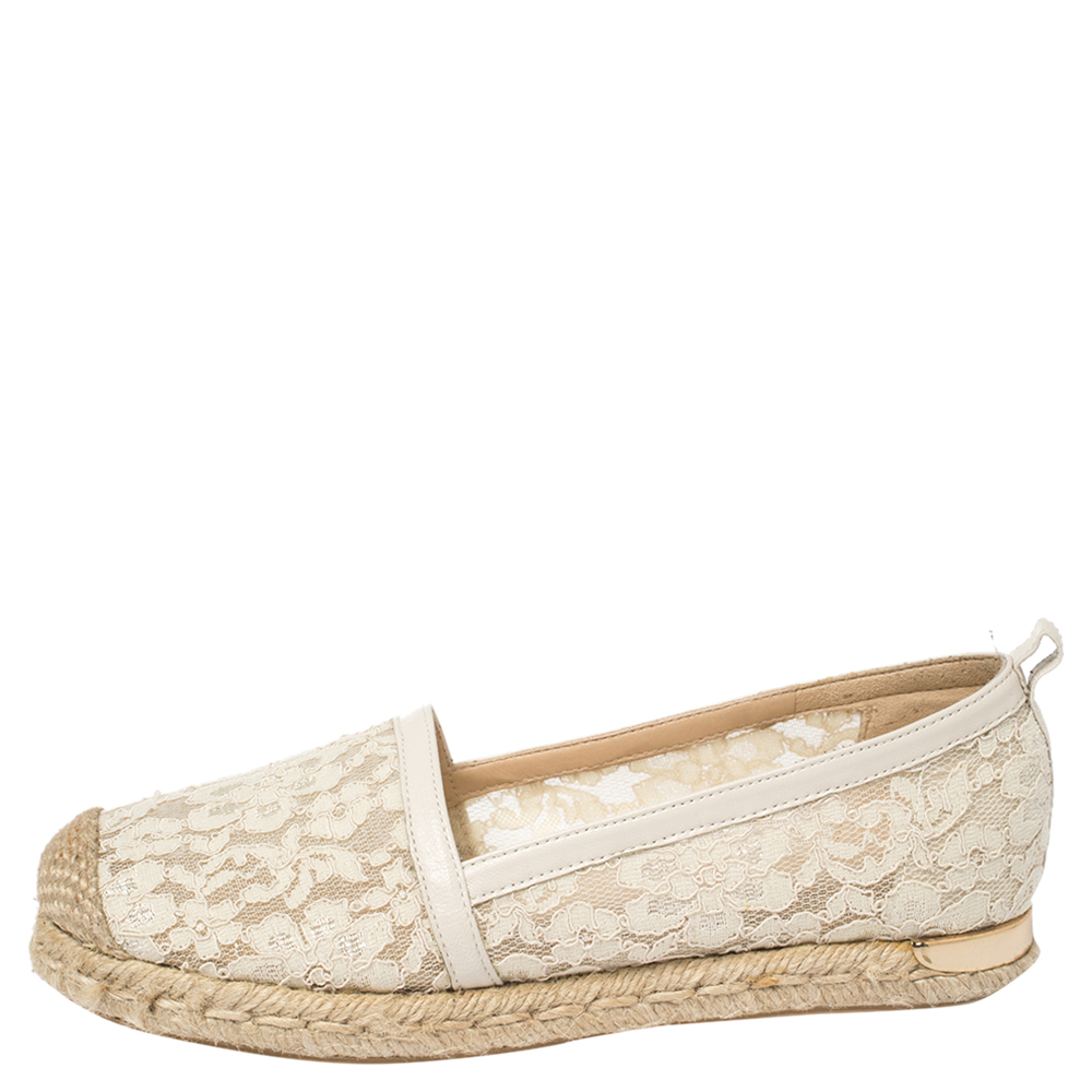 

Stuart Weitzman Off-white Lace And Leather Trim Meshuga Espadrille Flats Size