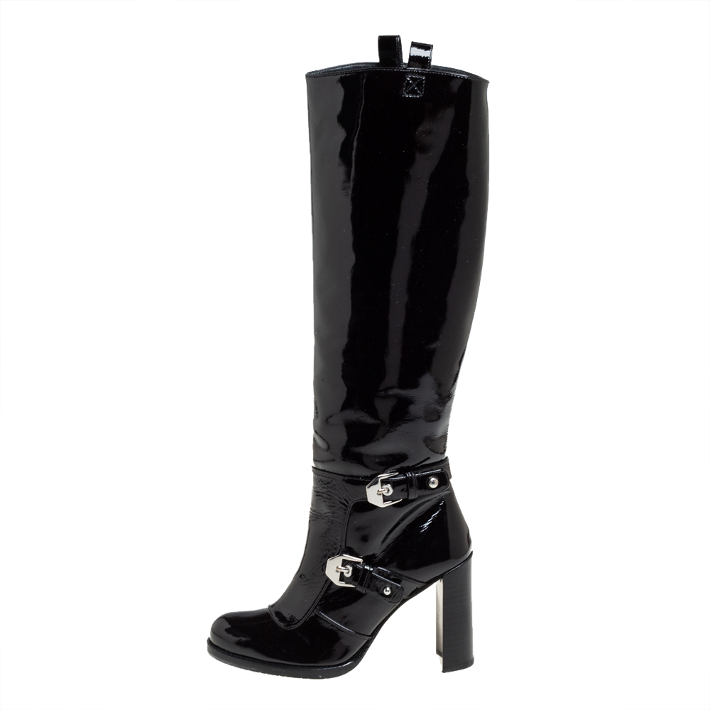 

Stuart Weitzman Black Patent Leather Biker Knee Length Boots Size